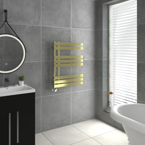 Warmehaus Designer Heated Towel Rail D Shape Warmer Brushed Brass 800x600mm | Bathroom Ladder Style Radiator, Central Heating, for Bathroom Kitchen Living Room, Wall Mounted, Mild Steel