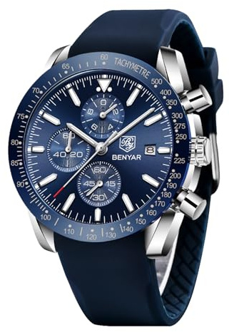 BY BENYAR Reloj de Cuarzo analógico para Hombre, 30 m, Resistente al Agua, Luminoso, indicador de Fecha, Reloj de Ocio, Reloj Deportivo de Piel., Plateado, Azul