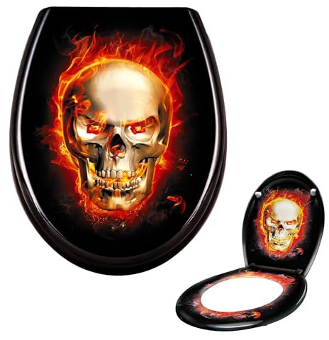 Suusolny WC Sitz Absenkautomatik Toilettendeckel mit Absenkautomatik，Softclose aus Duroplast und Edelstahl Toilettensitz in Universal Größe - Schädel Flammen