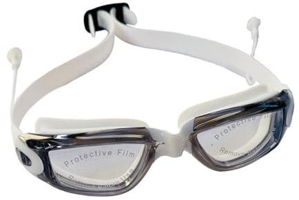 Bells Box Occhialini da nuoto per bambini e ragazzi, protezione UV, anti appannamento, con tappi per le orecchie attaccati, unisex, con cinturino comodo e adatti per bambini dai 6 ai 14 anni (bianco e