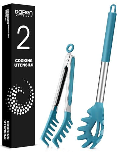 Cuillère à spaghetti et pince à pâtes, cuillère en silicone antiadhésive, fourchette avec dents et poignée en acier inoxydable, pince alimentaire pour nouilles (bleu)