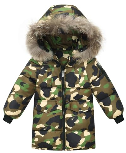 Valcatch Kids Boy's Winter Coat Padded Parka Jacket Thicken Long Puffer Jackets Coats Faux Fur Hooded Winter Down Windbreaker Snow Jacket Warm Windproof Outwear (Camouflage, 6-7 Years)