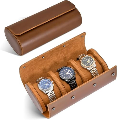 Xanewza Uhrenrolle Watch Box Travel, 3 Slots Zylindrische Uhrenbox, Uhrenrolle Reisetasche Vintage Uhrengehäuse für Kleine Uhren Uhrenetui Reisen Transportbox Uhrentasche Leder Echt Anpassbar