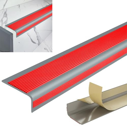Treppenkantenprofil Selbstklebend, Treppen-Winkelprofil Mit Rillen, Stufen-Kantenprofil Aus PVC Gummi, Für Außen-und Innentreppen, Bodenprofil Ungelocht Zum Kleben, Flexible Gummistufen(Grayish red,1.