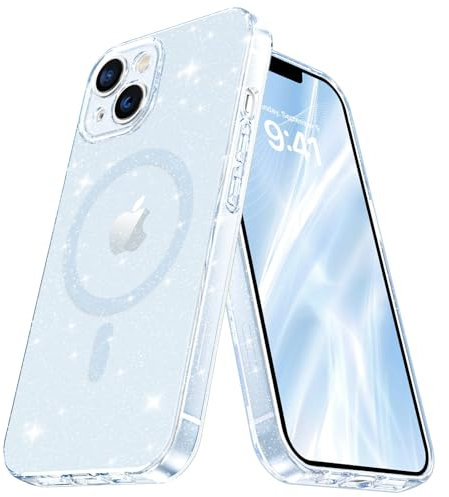 BENTOBEN Cover Magnetica per iPhone 15, Compatibile con MagSafe, Custodia Protezione Antiurto di Livello Militare, Sottile e Leggero, Anti Impronte Digitali, Trasparente Con Glitter