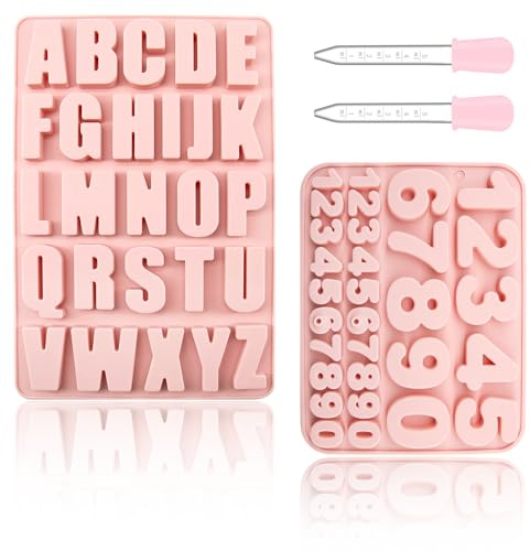 BORISCA 2 Stk Silikonform, A-Z Silikonform Buchstaben und 0-9 Silikonformen Zahlen mit 2 Tropfern, Gießformen Buchstaben Groß Silikonformen Alphabet für Schokoladenform Seifenform Epoxidharz Formen