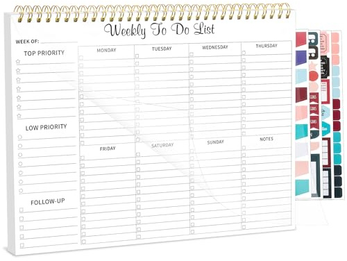 Thboxes Weekly Planner Notepad, Undated Weekly To Do List Pad 52 Tear off Sheets, Desk Planner with 4 Sheets Stickers for Study, Work, Fitness, 22X28cm - White