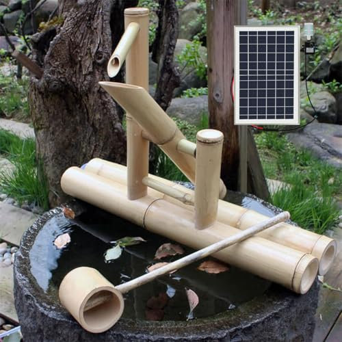 SGKOMN Fontana Solare in bambù, Fontana d'Acqua Feng Shui in bambù per Giardino Zen Fatta a Mano con Pompa e Pannelli solari, Kit per Fontana in bambù per Esterni, Facile da installare