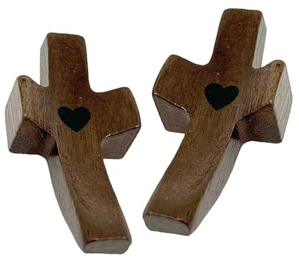 Gemelolandia Lot de 2 croix en bois sculptées à la main, croix religieuse à main et poche, croix portable pour le pouce et caresser, symbole d'amour et de religion, 5 x 1,3 cm, ergonomique et facile à