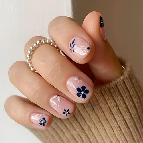 Stick On Nails, Short Square Floral False Nails, Soft Pink, 24PCS 12 Sizes | Includes Adhesive Tabs, Navy Blue And White Leaf, Flower And Dot Details, For At-Home Manicures And Social Occasions
