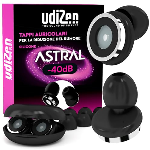 Bouchons d'oreilles Antibruit pour Voyager Dormir Étudier UdiZen -40dB Astral - 1 Paire de Bouchons Ergonomiques Réutilisables Réduction du Bruit SNR 40dB Protection Auditive Couleur Noire avec Étui