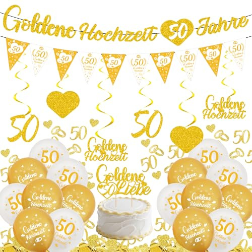 Deko Goldene Hochzeit 50 Set - 125 Stück Gold 50. Hochzeitstag mit Cake Topper, Latexballons, Goldene Hochzeit 50 Jahre Banner und Glitzer Konfetti für Hochzeite Feier Jubiläum Party
