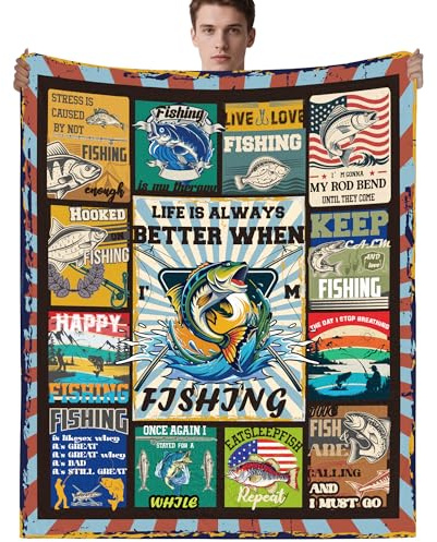GalaVee Fishing Gift Throw Blanket for Men Boy Who Love Fishing, Soft Blanket with Retro Design, 60x50Inches, Fishing is My Therapy Quote, Gift for Fishing Enthusiasts, Cozy and Warm for Sofa or Bed