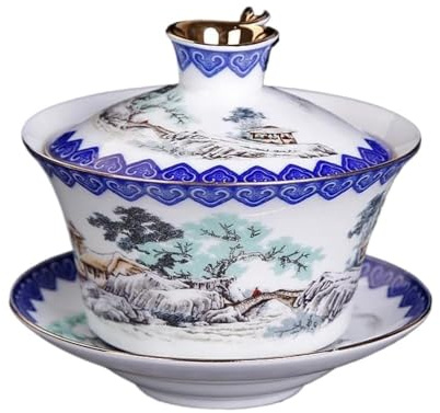 Ensemble de thé Gaiwan, Soupière à thé bleue et blanche 300 ml, tasse à thé paysage GaiWan Kung Fu