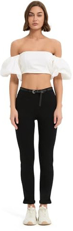 GLOWELFA Pantalon Noir Femme Taille Haute Coupe Droite Slim Stretch Cigarette à Taille Élastique Chic et Élégant pour Le Travail(07122,TG,Noir)