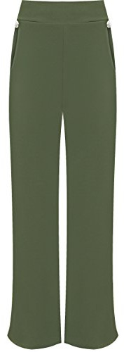 WearAll- Femmes Plus Bouton Embelli Poche Palazzo Pantalon Dames Large Jambe Pantalon - Vert Kaki - 50-52
