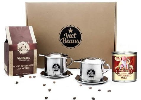 Set de démarrage pour café vietnamien VietBeans Petit-déjeuner pour deux - 250g moulu Traditionnel + 2 x filtre en acier inoxydable (Phin) + Lait condensé sucré