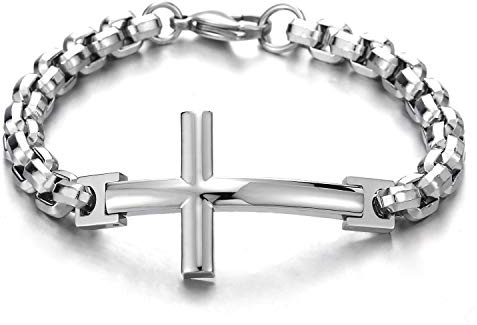 COOLSTEELANDBEYOND Hombre Mujer Acero Inoxidable Iado Horizontal Lateral Cruz-Cruce Cadena Enlace Pulsera, Brazalete, Pulido