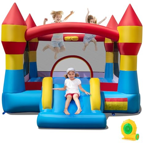 COSTWAY Castillo Hinchable con Tobogán y Aro de Baloncesto para Niños, 370x280x230cm Infantil Juguete para Parque Patio Jardín (con Soplador de 480W)