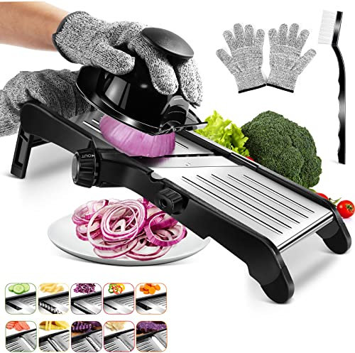 MASTERTOP Mandoline Gemüsehobel, 10 In1 Verstellbar Gemüseschneider Gurkenhobel für Kartoffelchip, Zwiebel, Edelstahl Küchenhobel Küchenreibe Gemüsereibe mit Anti-Schneid-Handschuhe+Reinigungsbürste
