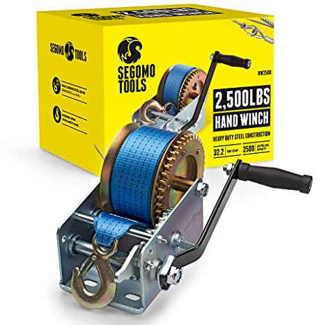 Segomo Tools Heavy Duty 2500 Pound Manual Hand Winch, Two Way Ratchet Winch with 32.2 Foot Long Nylon Strap | Boat Winch | Trailer Winch | Manual Winch | Boat Winch Strap with Hook - HW2500