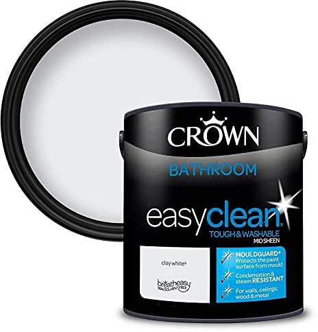 2.5L CROWN Easyclean Bathroom MID-SHEEN Emulsion Multi Surface Paint With MOULDGUARD+ That can be Used on Walls, Ceilings, Wood and Metal. Stain & Scrub Resistant Formula – Clay White