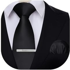 HISDERN Krawatte für Herren Schwarz - Krawatte mit Einstecktuch Krawattenklammer Hochzeit Einfarbig Seide Krawatten und Taschentuch Set für Männer