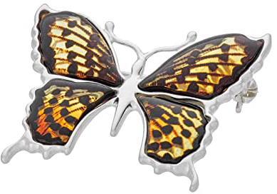 Broche papillon pour femme en argent sterling 925 poli avec ambre de la Baltique couleur cerise, Argent sterling, Ambre