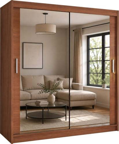Samsun Modern Double Sliding Mirror Door Wardrobe Bedroom with Adjustable Hanging Rails, Shelves Storage Cupboard For Home Furniture (Walnut, 150cm)