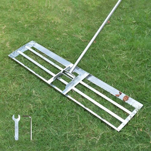 SurmountWay Rasen Rakel Edelstahl 100x25 cm Rakel Rasen nivellierrechen mit 2.15 Meter Verstellbarer Stiel für Hof Garten, Golfplatz,Rasenpflege,Rasen Sanden(2.15m, 25x100cm)