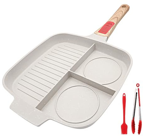 Bobikuke Poêle Grill avec Poignée Amovible, Poêle Antiadhésive 3 en 1 en Aluminium Skillet Gril Carrée pour Tous Feux Dont Induction - Blanc