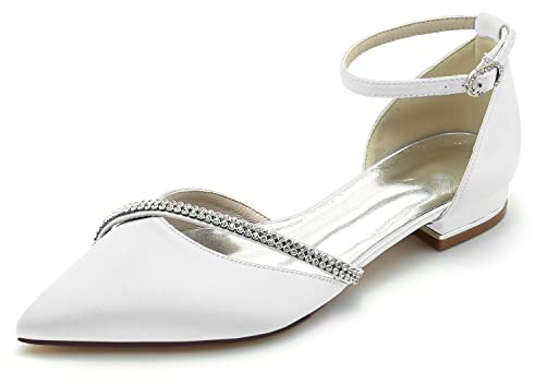 LRMYMHY Mujer Bailarinas De Boda Correa En El Tobillo con Diamantes De Imitación Satén Punta Cerrada Zapatos Planos De Novia Dama De Honor,Blanco,40 EU