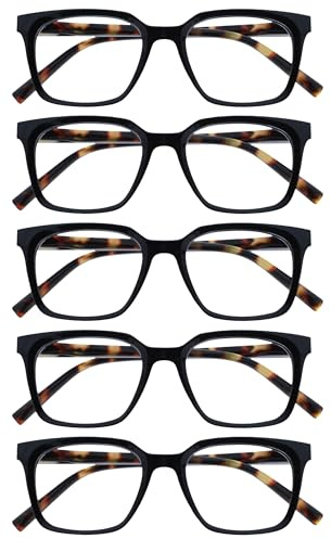 OPULIZE KOI Gafas de Lectura Pack de 5 - Elegante Marco Rectangular Ancho - Negro - Hombre Mujer - Bisagras de Muelle - RRRRR50-1 - +1.50