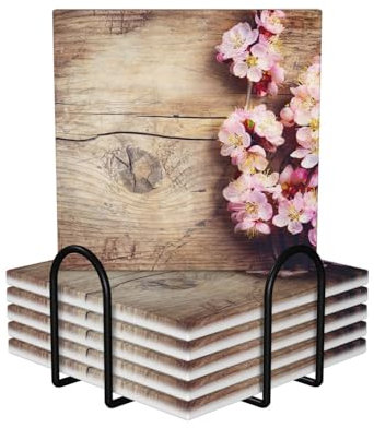 Keramik-Untersetzer, Frühlingsblüte auf Holz, romantisch, natürlich bedruckt, quadratisch, rutschfest, mit saugfähigem Korkboden und Metallhalter, 6 Stück
