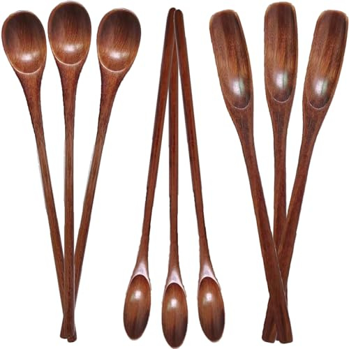 Cucchiai in legno con manico lungo in legno, cucchiaini da caffè e tè, cucchiaio da miele in legno, fatto a mano, per mescolare utensili da cucina (9 pezzi)
