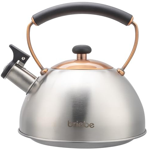 briebe Tetera Inducción Silbante 2,3L, Infusiones, Hervidor de Agua Acero Inoxidable, Retro, Todo Tipo de Cocinas, Vitrocerámica, Gas, Mango Tacto Frío, Diseño Vintage, Tea Pot, Inox/Bronce