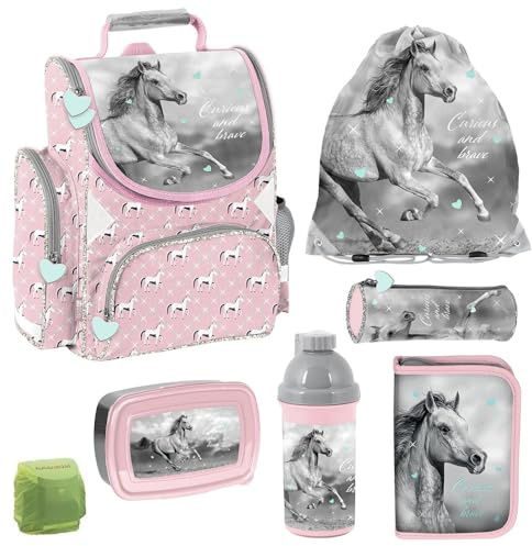 Familando - Schulranzen Set - 7-teilig mit Federmappe - Pferde Rosa - Ergonomisch, stabil & mit gepolstertem Rücken - 1000g leicht - 15L Volumen - Mit Reflektoren - Für Grundschule ab 1. Klasse