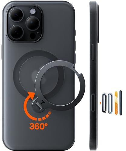 TORRAS Ostand Q3 Spin für iPhone 16 Pro Hülle mit 360° Ständer Schwarz | (360° Magnetischer Unsichtbarer Ständer) Zertifizierte Militärschutz, MagSafe Kompatibel, Stoßfest Kratzfeste Matt Rückseite