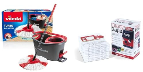 Vileda Turbo Microfibre Mop And Bucket Set, Spin Mop For Cleaning Floors, Set Of 1x Mop And 1x Bucket, Eco Packaging, Red White & Henry NVM-1CH/907075 HepaFlo Vacuum Bags, White, 10 Count (Pack of 1)