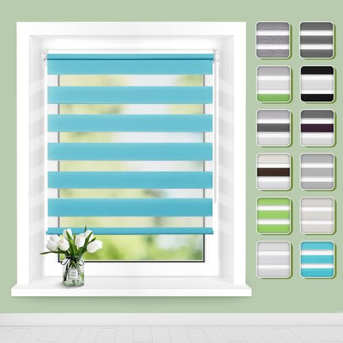 Doppelrollo Klemmfix ohne Bohren B45 x H140cm(Stoffbreite 41cm) Türkis, Rollos für Fenster, Rollo ohne Bohren mit Lichtdurchlässig und Verdunkelnd/Höhe Stufenlos Verstellbar/Kindersicherung