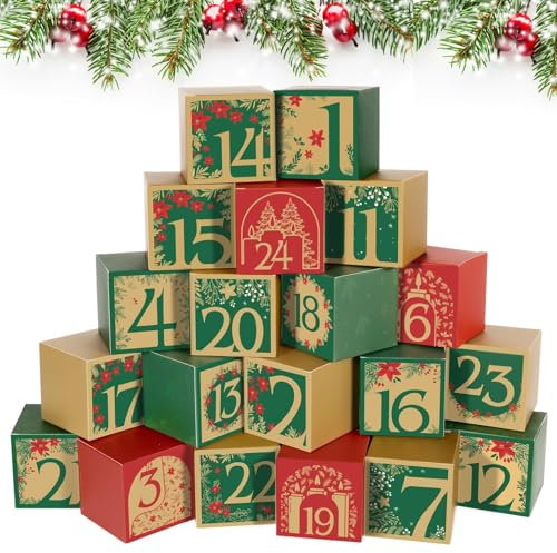 BOFUNX 24 Adventskalender Boxen zum Befüllen Basteln Weihnachtskalender Geschenkbox DIY Adventskalender Kisten Set Geschenkbox für Kinder Weihnachten Geschenk Weihnachtsdeko