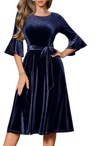 Robe en velours pour femme à manches longues élégante pour cocktail, soirée et mariage Robe d'invitée avec col rond, manches cloches et ceinture détachable Robe mi-longue pour Noël et fêtes formelles