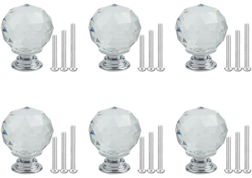 FKKFSS Crystal Ball Cabinet Knobs丨6PCS Pull Handle with Screws, Easy Installation Ball Glass Door Knob, Decorative Furniture Cabinet Drawer Dresser Wardrobe Cupboard Small Door (30mm)