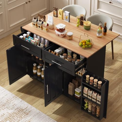 Huayz kücheninsel freistehend mit Klappbarer arbeitsplatte küchenschrank küchenwagen auf 5 Rollen, mit Ablage und 2 Schubladen,Für Esszimmer 129×71×91.5cm (Schwarz)