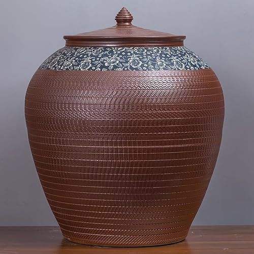 EKDJSN Ceramic Rice Container, Ceramic Rice Dispenser, Sealed Ceramic Rice Bucket with Lid, Large Food Storage Jar, Kitchen Food Storage Container, for Grains Candy Rice Flour(Brown B,50kg)