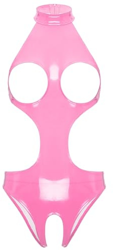 Yihuimin Femme Body String Ouvert Sein Nu Sexys Lingerie Ouvert Cuir Brillant Nuisette Vêtements de Nuit Rose S