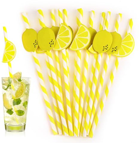 Paper Straws for Drinking, 20 PCS Disposable Paper Straws Lemon Yellow Decorative Straw ECO Drinking Straw for Cocktails, Lemonade, Daily Use and Holiday Party