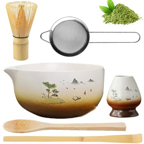 Juego de 6 escobas Matcha, el juego de matcha incluye batidor de matcha, cuenco, cuchara, colador y soporte para batidor, juego de té de cerámica matcha, juego de té japonés adecuado para los amantes