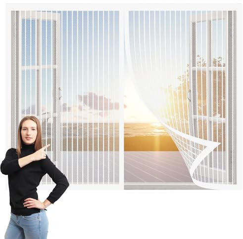 Zanzariera Finestra Scorrevole 150 x 167 cm Zanzariere Magnetiche per Porte Chiusura Automatica Traspirante per Balcone e Porta Finestra, Bianco