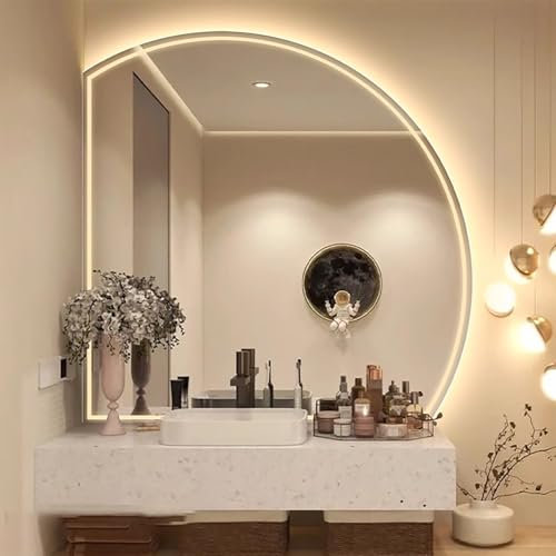 Specchio da Bagno semicircolare Irregolare antiappannamento, Specchio da Trucco LED Intelligente a Mezzaluna da 36 con Touch, Specchio da Parete infrangibile dimmerabile in 3 Colori (Taglia